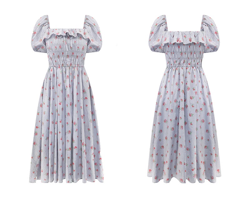 R.Vivimos Womens Summer Floral Print Puff Sleeves Vintage Ruffles Midi Dress (Medium, Gray) - Image 4